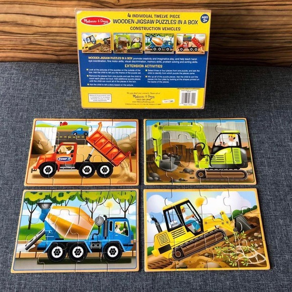 Melissa & Doug 4-in-1 Wooden Puzzles with Storage Box, Vehicles/Construction - Picture 4 of 6